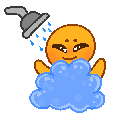  a stylized drawing of a yellow person covered in bubbles showering, in the top left corner is a shower head with water droplets flowing towards them.